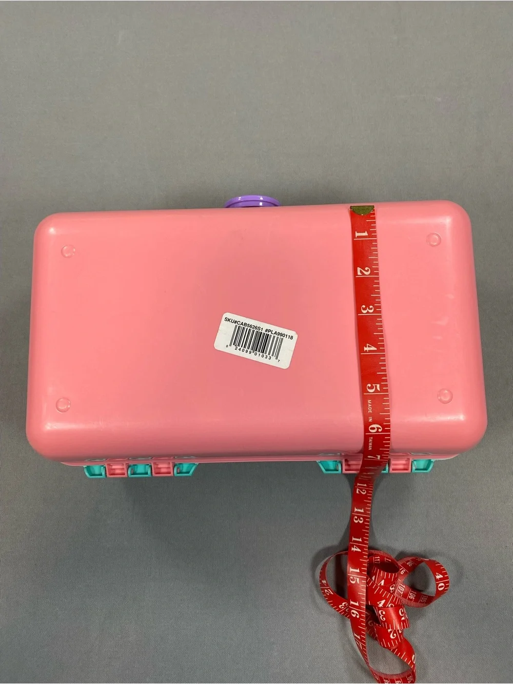 Vintage Caboodles Pink and Teal Makeup Case with Purple handle.